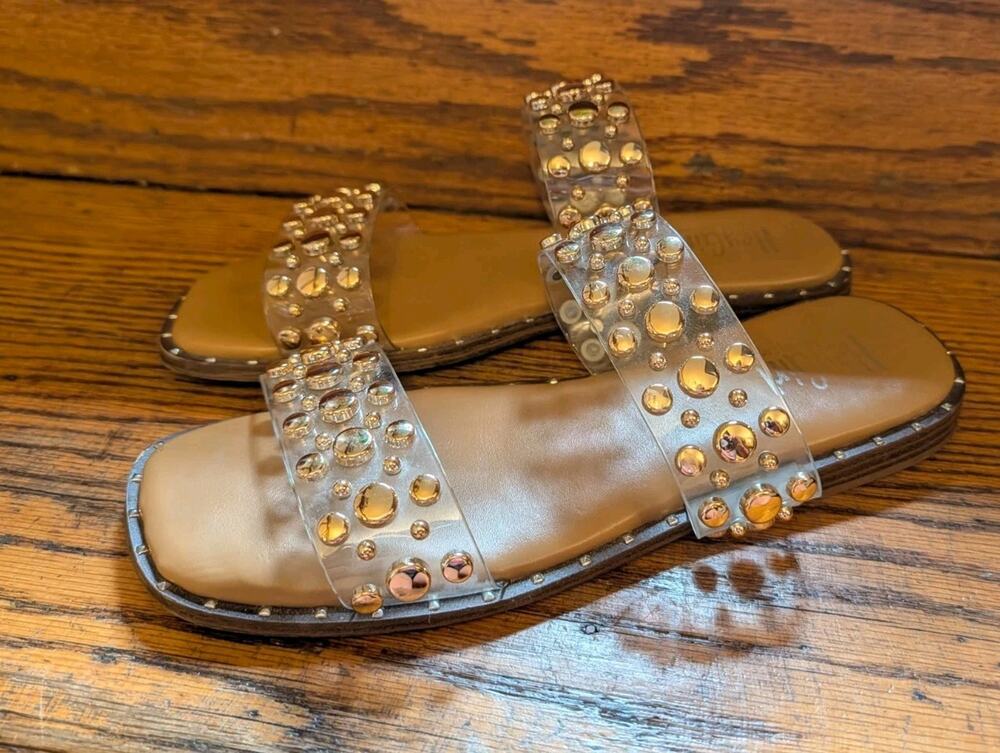 Corkys Magnet Clear Gold Stud Double Strap Sandals Slip On Women's 8
